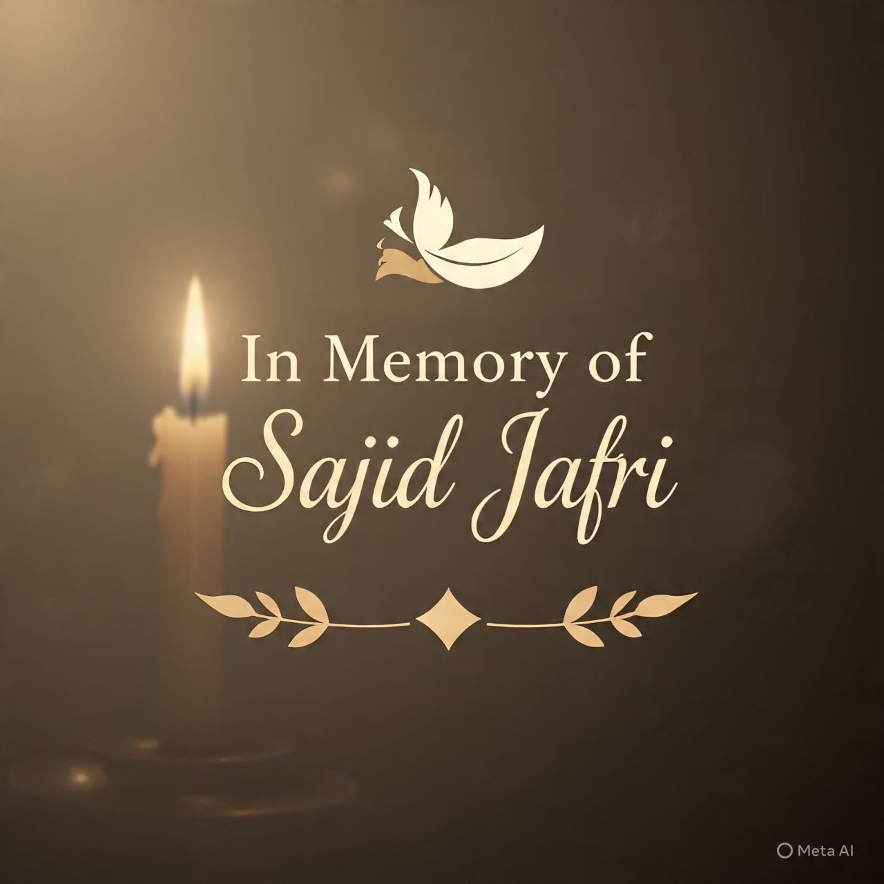 Tribute banner “In Memory of Sajid Jafri” with soft gold theme, candle, and feather icons representing remembrance.