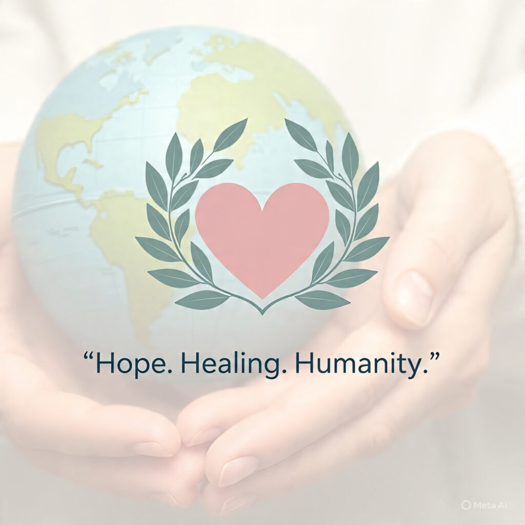 Health and wellness logo symbolizing hope, healing, and humanity with a heart and leaves design.