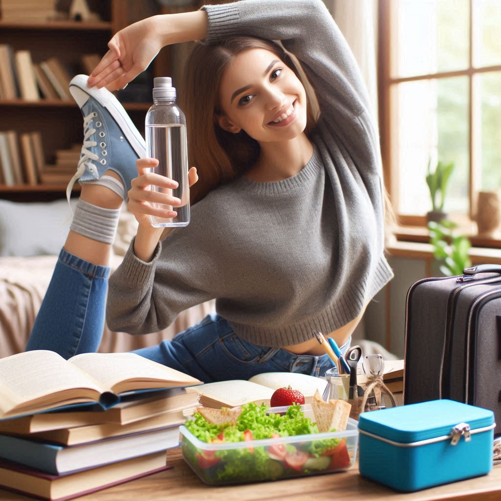 Student doing yoga in a dorm room with water bottle, books, and a healthy lunch on the desk.
Good Health Habits for Students