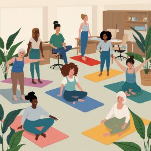 People doing flexibility and desk stretches in a modern office environment with yoga mats and ergonomic furniture